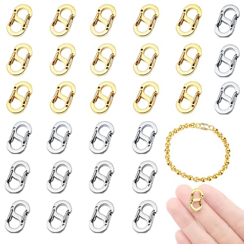 MOAMUN 30 Doppelte Öffnung Karabinerhaken Klein Mini Karabiner, 16x9mm Edelstahl Kettenverschluss, Langlebige Armband Verschluss für DIY Armband Halskette Fußkettchen Schmuckherstellung (Silber Gold) von MOAMUN