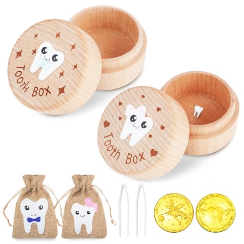 MOAMUN 8 Stück Zahndose Milchzähne Jungen Mädchen Set, 3D Geschnitzt Milchzahndose mit Zahnfee Tasche, Zahnfee Münzen und Clip, Holz Zahnbox für Kinder Zahn Verlust Baby Dusche Geburtstag Geschenke von MOAMUN
