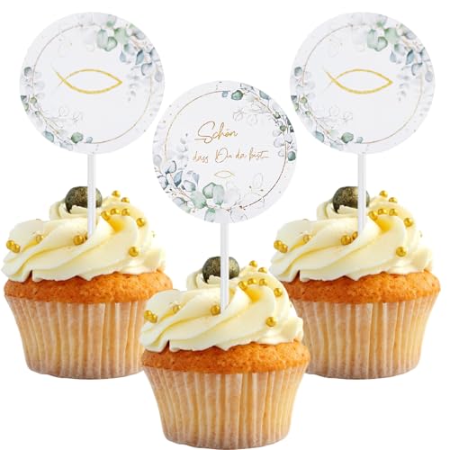 Cake Topper Taufe - 48 Stück Eukalyptus-Fisch-TorteDeko, Zur Kommunion Cake Topper, Zur Taufe Tortendeko Mädchen und Junge Deko von MOAZIFI