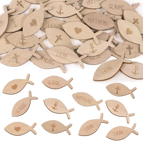 MOAZIFI 100 Stück Holzfische Kommunion Deko, 3 Stile - Kreuz, Herz, Anker - Doppelseitig Mit Segensspruch & Glückssymbol, Tischdeko Kommunion, Ideal Für Junge Mädchen Taufe, Kommunion, Konfirmation von MOAZIFI