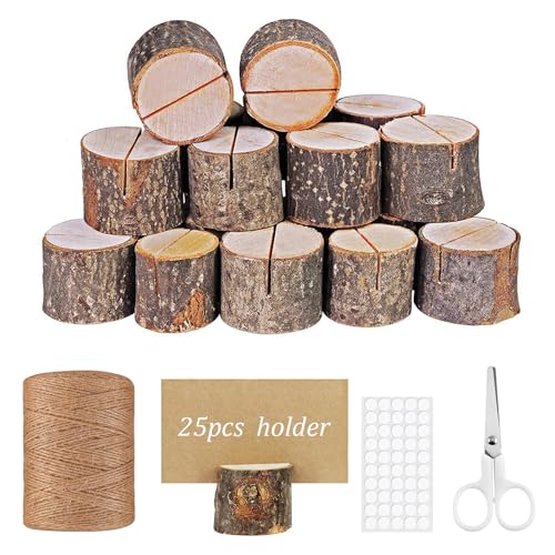 MOAZIFI 25 Stück Kartenhalter Holz, Tischkartenhalter, Fotohalter Mit 25 Kraftpapier Tischkarten Und 30 Meter DIY Hanfseil für Kaffeebar, Hochzeit, Foto von MOAZIFI