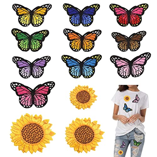 Flicken zum Aufbügeln Kinder Erwachsene, 13 Stück Schmetterling Sonnenblume Patches zum Aufnäher Set, Embroidered Iron on Patches DIY Accessories für Aufnähen oder Aufbügeln auf Kleidung, Kleid, Jeans von MODALI