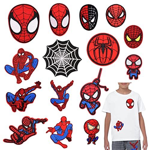 Flicken zum Aufbügeln Kinder Erwachsene, 15 Stück Spiderman Patches zum Aufnäher Set, Embroidered Iron on Patches DIY Accessories, Bügelbilder für Aufnähen oder Aufbügeln auf Kleidung, Kleid, Jeans von MODALI