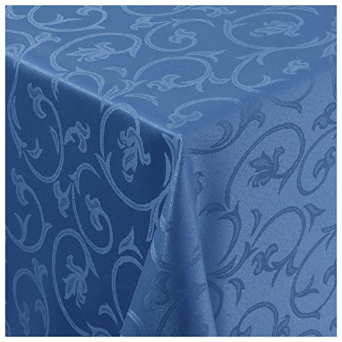 Tischdecke Damast Stoff Barock Tulpen Tischtuch Bügelarm eckig 130x130 cm in Blau mit umgenähtem Rand Premium Qualität von MODERNO