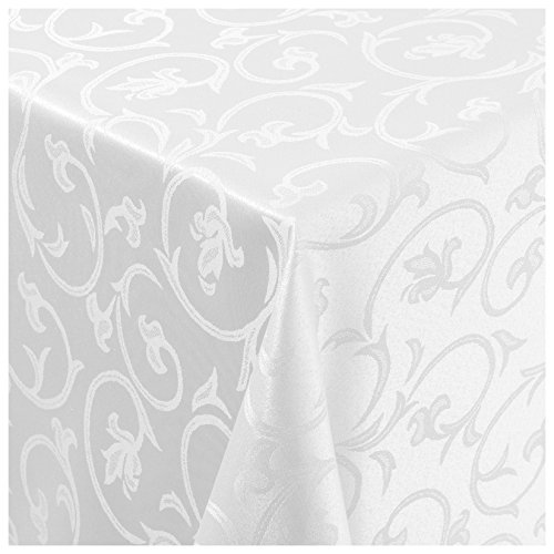 Tischdecke Stoff Damast Barock Jacquard Ranken Design mit Saum eckig 130x130 cm Weiss von MODERNO