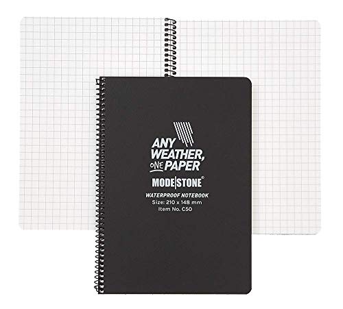 MODESTONE Outdoor Notizbuch A5 21 x 14,8 cm schwarzer Cover | Spiralbindung seitlich 50 Blätter kariert 7x7mm ohne Rand | wasserfest reißfest feuerfest von MODESTONE