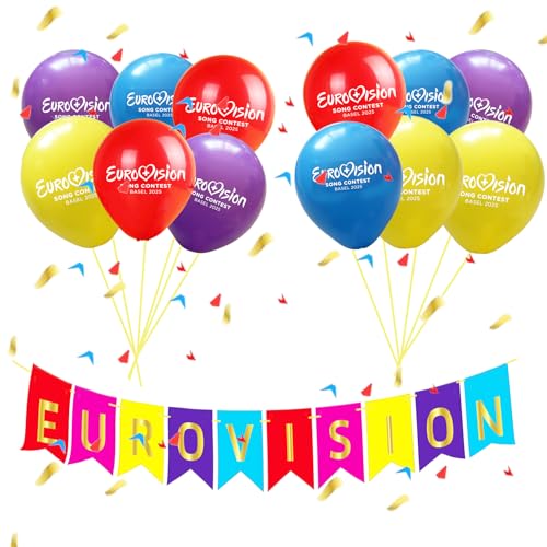 MOECSHSY Eurovision Party-Dekorationen 2025, 12 Stück 40,6 cm Luftballons und 1 Stück Banner-Flagge MOECSHSY Eurovision Party-Dekorationen 2025, 12 Stück 40,6 cm Luftballons und 1 Stück Banner-Flagge von MOECSHSY