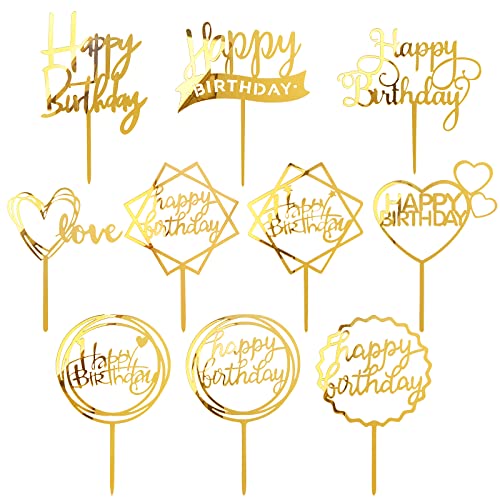 MOGADEE® 10 Stück Goldenes Happy Birthday Tortendeko Set, Acryl Glitter Cupcake Topper, Girlande Herze Sternen Cake Topper, Kuchen Deko für Mädchen, Kinder, Hochzeit, Mutter (Goldenes) von MOGADEE