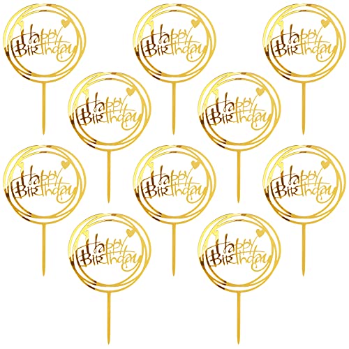 MOGADEE® 10 Stück Goldenes Happy Birthday Tortendeko Set, Acryl Glitter Cupcake Topper, Girlande Herze Sternen Cake Topper, Happy Birthday Kuchen Deko für Mädchen, Kinder, Hochzeit, Mutter(G06) von MOGADEE