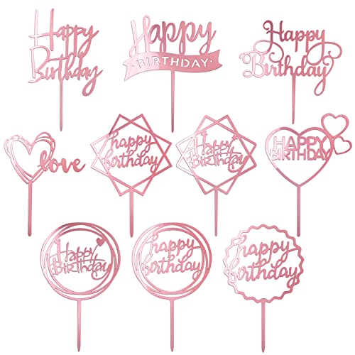 MOGADEE® 10 Stück Roségold Happy Birthday Tortendeko Set, Acryl Glitter Cupcake Topper, Girlande Herze Sternen Cake Topper, Happy Birthday Kuchen Deko für Mädchen, Kinder, Hochzeit, Mutter(Roségold) von MOGADEE