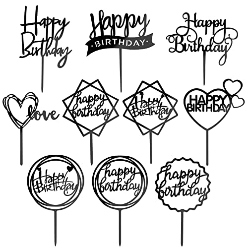 MOGADEE® 10 Stück Schwarz Happy Birthday Tortendeko Set, Acryl Glitter Cupcake Topper, Girlande Herze Sternen Cake Topper, Happy Birthday Kuchen Deko für Mädchen, Kinder, Hochzeit, Mutter(Schwarz) von MOGADEE