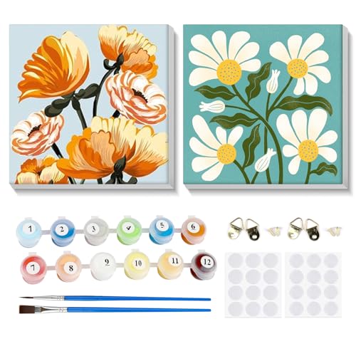 MOGTAA 2 Pack Blumen Malen Nach Zahlen mit Rahmen, Malen-nach-Zahlen-Set Erwachsene Kinder, DIY Ölgemälde Leinwand Set, Acryl-Malen Nach Zahlen für Home Deko Geschenk 20x20cm von MOGTAA