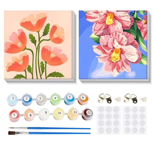 MOGTAA 2 Pack Blumen Malen Nach Zahlen mit Rahmen, Malen-nach-Zahlen-Set Erwachsene Kinder, DIY Ölgemälde Leinwand Set, Acryl-Malen Nach Zahlen für Home Deko Geschenk 20x20cm von MOGTAA