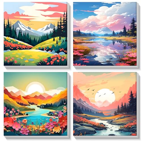 MOGTAA 4 Pack Landschaft Malen Nach Zahlen mit Rahmen, Berge und Flüsse Malen-nach-Zahlen-Set Erwachsene Kinder, DIY Ölgemälde Leinwand Set, Acryl-Malen Nach Zahlen für Home Deko Geschenk 20x20cm von MOGTAA