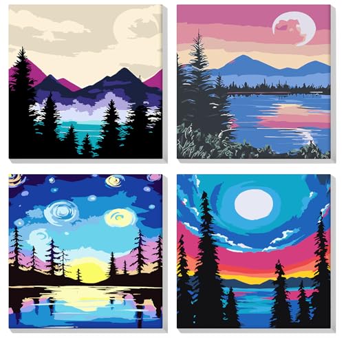 MOGTAA 4 Pack Malen Nach Zahlen Erwachsene mit Rahmen, Berge und Flüsse Malen nach Zahlen Kits für Erwachsen Anfänger, DIY Acrylfarben Ölgemälde Leinwand Set für Home Dekor, 20x20cm von MOGTAA