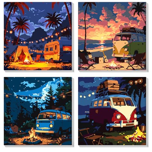 MOGTAA 4 Pack Malen Nach Zahlen Erwachsene mit Rahmen, Bus Landschaft Malen nach Zahlen Kits für Erwachsen Anfänger, DIY Acrylfarben Ölgemälde Leinwand Set für Home Dekor, 20x20cm von MOGTAA