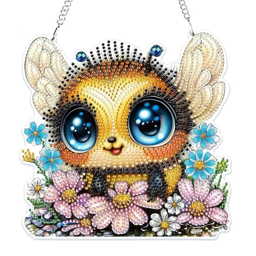 MOGTAA 5D Biene Diamond Painting Anhänger, Blume Diamond Painting mit Kette Kinder Erwachsene, Tier Diamant Painting Fensterbilder, Hängende Ornament Set für Wand Und Eingang Decor von MOGTAA