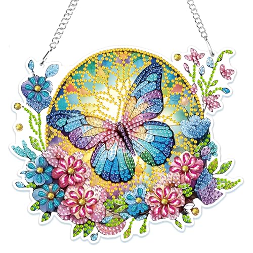 MOGTAA 5D Diamond Painting Anhänger, Blumen und Schmetterling Diamond Painting mit Kette Kinder Erwachsene, Diamant Painting Fensterbilder, Hängende Ornament Set für Wand Und Eingang Decor von MOGTAA