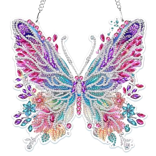 MOGTAA 5D Diamond Painting Anhänger, Bunte Schmetterling Diamond Painting mit Kette Kinder Erwachsene, Tiere Diamant Painting Fensterbilder, Hängende Ornament Set für Wand Und Eingang Decor von MOGTAA