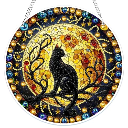 MOGTAA 5D Diamond Painting Anhänger, Katze Diamond Painting mit Kette Kinder Erwachsene, Tiere Diamant Painting Fensterbilder, Hängende Ornament Set für Wand Und Eingang Decor von MOGTAA