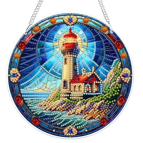 MOGTAA 5D Diamond Painting Anhänger, Leuchtturm Diamond Painting mit Kette Kinder Erwachsene, Diamant Painting Fensterbilder, Hängende Ornament Bastelset Set für Wand Und Eingang Decor MOGTAA 5D Diamond Painting Anhänger, Leuchtturm Diamond Painting mit Kette Kinder Erwachsene, Diamant Painting Fensterbilder, Hängende Ornament Bastelset Set für Wand Und Eingang Decor von MOGTAA