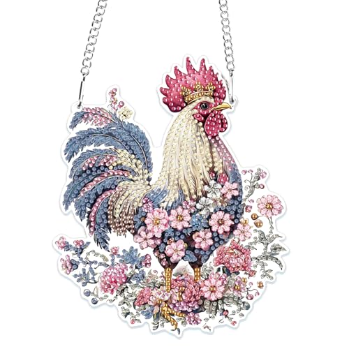 MOGTAA 5D Huhn Diamond Painting Anhänger, Tiere Diamond Painting mit Kette Kinder Erwachsene, Diamant Painting Fensterbilder, Hängende Ornament Bastelset Set für Wand Und Eingang Decor von MOGTAA