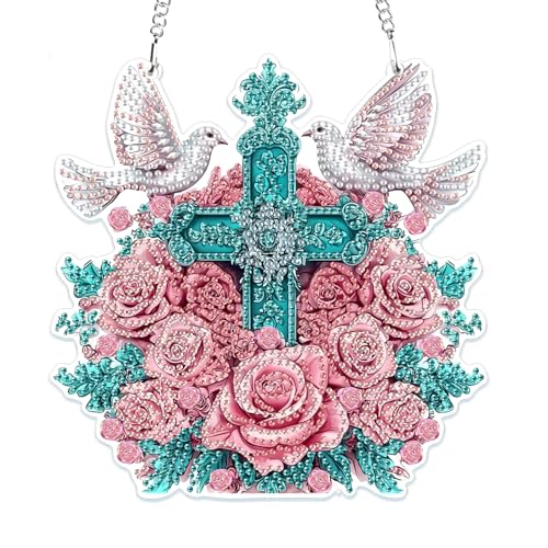 MOGTAA 5D Kreuz Blume Diamond Painting Anhänger, Diamond Painting mit Kette Kinder Erwachsene, Diamant Painting Fensterbilder, Hängende Ornament Bastelset Set für Wand Und Eingang Decor von MOGTAA