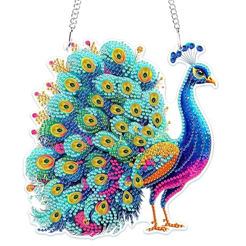 MOGTAA 5D Pfau Diamond Painting Anhänger, Tiere Diamond Painting mit Kette Kinder Erwachsene, Diamant Painting Fensterbilder, Hängende Ornament Bastelset Set für Wand Und Eingang Decor von MOGTAA