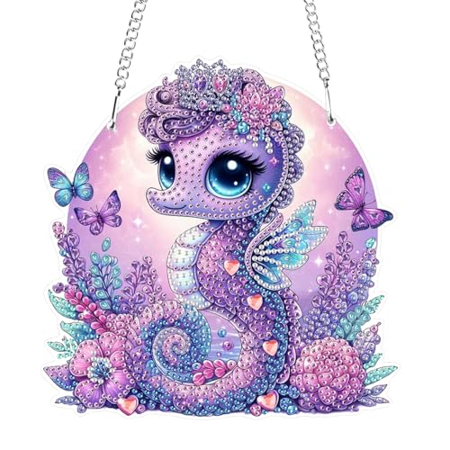 MOGTAA 5D Tiere Diamond Painting Anhänger, Seepferdchen Diamond Painting mit Kette Kinder Erwachsene, Diamant Painting Fensterbilder, Hängende Ornament Bastelset Set für Wand Decor von MOGTAA