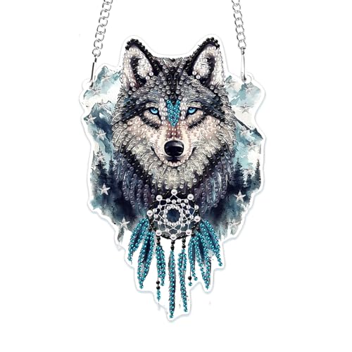 MOGTAA 5D Wölfe Diamond Painting Anhänger, Tiere Diamond Painting mit Kette Kinder Erwachsene, Diamant Painting Fensterbilder, Hängende Ornament Bastelset Set für Wand Und Eingang Decor von MOGTAA