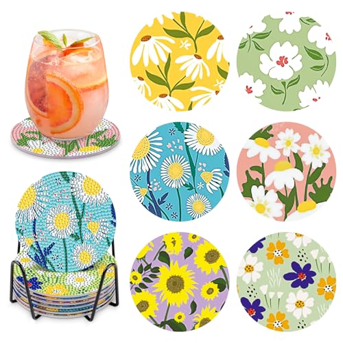 MOGTAA 6 STK Blume Diamond Painting Untersetzer mit Halter, 5D Blume Landschaft Diamond Painting, Diamant Malerei Set Bilder Erwachsene Kinder, Diamant Tassenuntersetzer mit Kork, für Home Dekor von MOGTAA