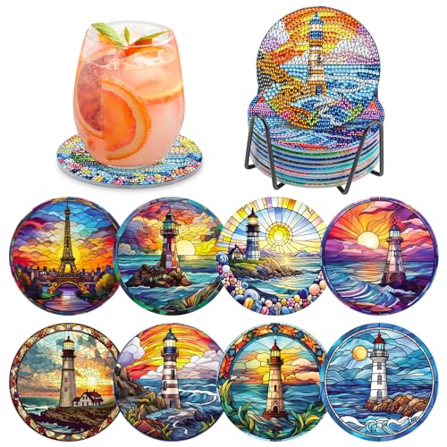 MOGTAA 8 STK Diamond Painting Untersetzer mit Halter, 5D Diamond Painting Leuchtturm, Diamant Malerei Set Bilder Erwachsene Kinder, Landschaft Diamant Tassenuntersetzer mit Kork, für Home Dekor MOGTAA 8 STK Diamond Painting Untersetzer mit Halter, 5D Diamond Painting Leuchtturm, Diamant Malerei Set Bilder Erwachsene Kinder, Landschaft Diamant Tassenuntersetzer mit Kork, für Home Dekor von MOGTAA
