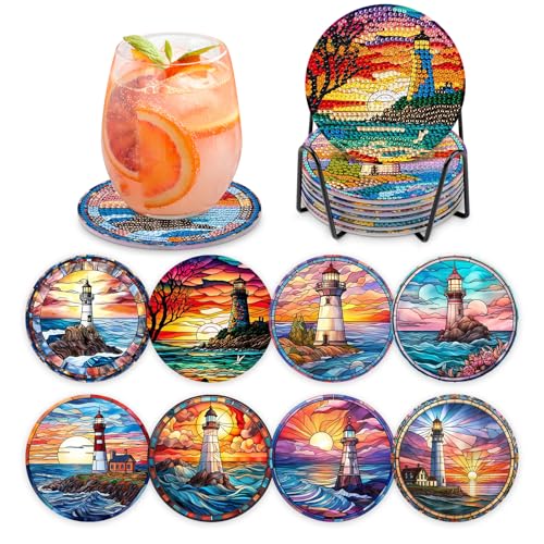 MOGTAA 8 STK Diamond Painting Untersetzer mit Halter, Diamond Painting Leuchtturm, Diamant Malerei Set Bilder Erwachsene Kinder, DIY Diamant Tassenuntersetzer mit Kork, für Home Dekor MOGTAA 8 STK Diamond Painting Untersetzer mit Halter, Diamond Painting Leuchtturm, Diamant Malerei Set Bilder Erwachsene Kinder, DIY Diamant Tassenuntersetzer mit Kork, für Home Dekor von MOGTAA