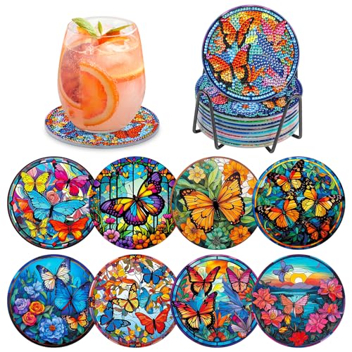 MOGTAA 8 STK Diamond Painting Untersetzer mit Halter, Diamond Painting Schmetterling, Diamant Malerei Set Bilder Erwachsene Kinder, Landschaft Diamant Tassenuntersetzer mit Kork, für Home Dekor von MOGTAA