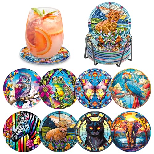 MOGTAA 8 STK Tiere Diamond Painting Untersetzer mit Halter, Diamond Painting Tiere, Diamant Malerei Set Bilder Erwachsene Kinder, DIY Diamant Tassenuntersetzer mit Kork, für Home Dekor von MOGTAA