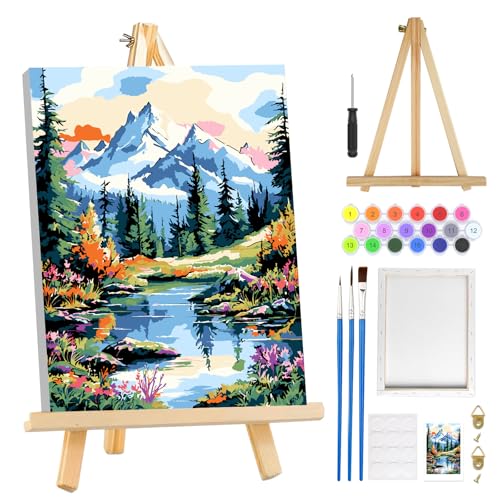 MOGTAA Berg See Malen Nach Zahlen Erwachsene mit Rahmen, Landschaft Malen Nach Zahlen Mit Holzstaffelei, DIY Ölgemälde Leinwand Set Acrylic Malerei Bilder für Home Dekor, 20x30cm von MOGTAA