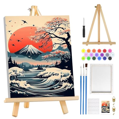 MOGTAA Die große Welle Malen Nach Zahlen Erwachsene mit Rahmen, Landschaft Malen Nach Zahlen Mit Holzstaffelei, DIY Ölgemälde Leinwand Set Acrylic Malerei Bilder für Home Dekor, 20x30cm von MOGTAA