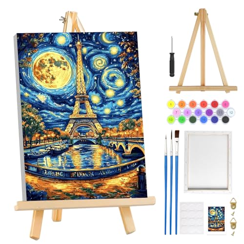 MOGTAA Eiffelturm Malen Nach Zahlen Erwachsene mit Rahmen, Landschaft Malen Nach Zahlen Mit Holzstaffelei, DIY Ölgemälde Leinwand Set Acrylic Malerei Bilder für Home Dekor, 20x30cm von MOGTAA