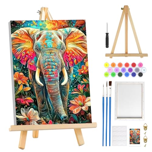 MOGTAA Elefant Malen Nach Zahlen Erwachsene mit Rahmen, Tiere Malen Nach Zahlen Mit Holzstaffelei, DIY Blume Ölgemälde Leinwand Set Acrylic Malerei Bilder für Home Dekor, 20x30cm von MOGTAA