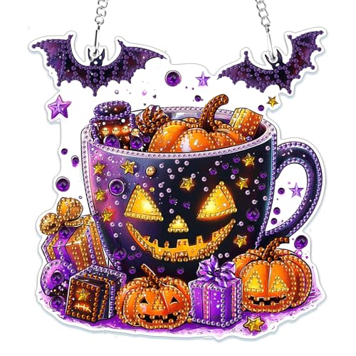 MOGTAA Halloween Diamond Painting Anhänger, Kürbis Diamond Painting Kinder Erwachsene, Tiere Diamant Painting Fensterbilder Beidseitig, Hängende Ornament Bastelset Set für Wand Decor von MOGTAA