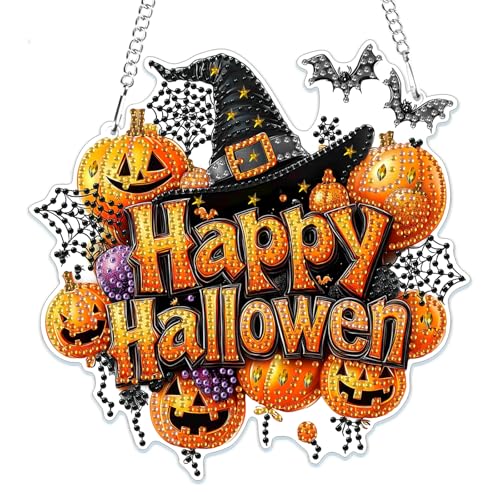 MOGTAA Halloween Diamond Painting Anhänger Kürbis, Herbst Diamond Painting Kinder Erwachsene, Wizard Hut Diamant Painting Fensterbilder Beidseitig, Hängende Ornament Bastelset Set für Wand Decor von MOGTAA