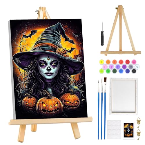 MOGTAA Halloween Malen Nach Zahlen Erwachsene mit Rahmen, Gotische Malen Nach Zahlen Mit Holzstaffelei, DIY Kürbis Ölgemälde Leinwand Set Acrylic Malerei Bilder für Home Dekor, 20x30cm von MOGTAA