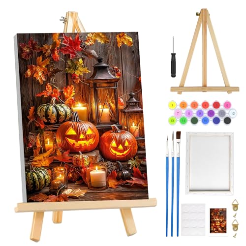 MOGTAA Halloween Malen Nach Zahlen Erwachsene mit Rahmen, Herbst Kürbis Malen Nach Zahlen Mit Holzstaffelei, DIY Kerzen Ölgemälde Leinwand Set Acrylic Malerei Bilder für Home Dekor, 20x30cm von MOGTAA