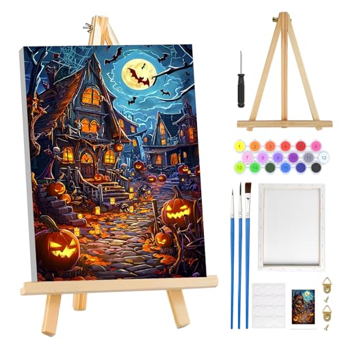 MOGTAA Halloween Malen Nach Zahlen Erwachsene mit Rahmen, Kürbis Schloss Malen Nach Zahlen Mit Holzstaffelei, DIY Ölgemälde Leinwand Set Acrylic Malerei Bilder für Home Dekor, 20x30cm von MOGTAA
