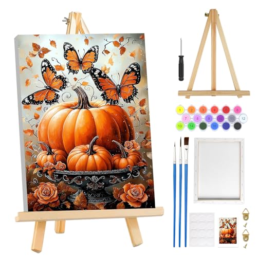 MOGTAA Halloween Malen Nach Zahlen Erwachsene mit Rahmen, Schmetterling Malen Nach Zahlen Mit Holzstaffelei, DIY Kürbis Ölgemälde Leinwand Set Acrylic Malerei Bilder für Home Dekor, 20x30cm von MOGTAA