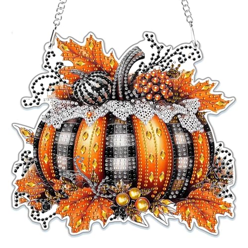 MOGTAA Herbst Diamond Painting Anhänger Kürbis, Kürbis Diamond Painting mit Kette Kinder Erwachsene, Diamant Painting Fensterbilder Beidseitig, Hängende Ornament Bastelset Set für Wand Decor von MOGTAA