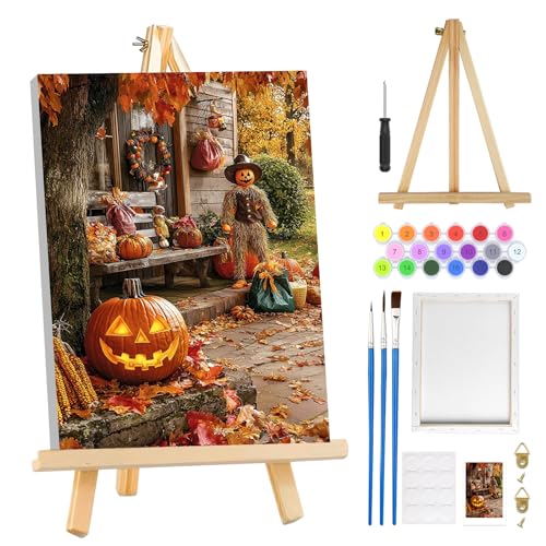 MOGTAA Herbst Kürbis Malen Nach Zahlen Erwachsene mit Rahmen, Halloween Malen Nach Zahlen Mit Holzstaffelei, DIY Ölgemälde Leinwand Set Acrylic Malerei Bilder für Home Dekor, 20x30cm von MOGTAA