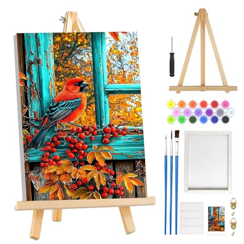 MOGTAA Herbst Malen Nach Zahlen Erwachsene mit Rahmen, Vogel Malen Nach Zahlen Mit Holzstaffelei, DIY Ölgemälde Leinwand Set Acrylic Malerei Bilder für Home Dekor, 20x30cm von MOGTAA