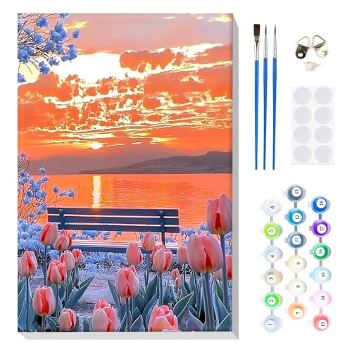 MOGTAA Malen Nach Zahlen Erwachsene mit Rahmen, Malen Nach Zahlen Tulpen Landschaft, DIY Ölgemälde Leinwand Set Acrylic Malerei Bilder für Home Dekor, 20x30cm von MOGTAA