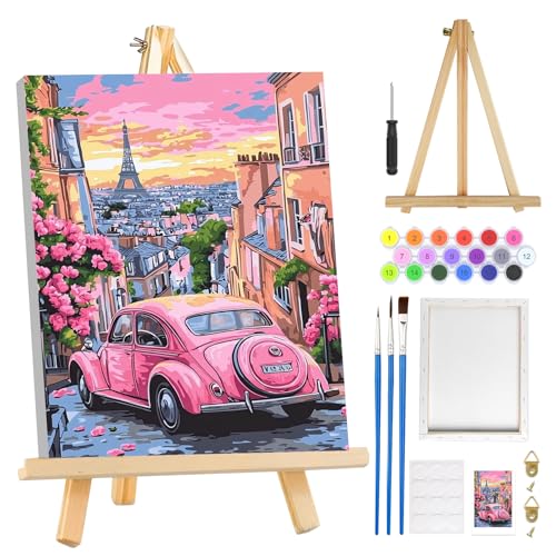 MOGTAA Rosa Auto Malen Nach Zahlen Erwachsene mit Rahmen, Blume Malen Nach Zahlen Mit Holzstaffelei, DIY Ölgemälde Leinwand Set Acrylic Malerei Bilder für Home Dekor, 20x30cm von MOGTAA